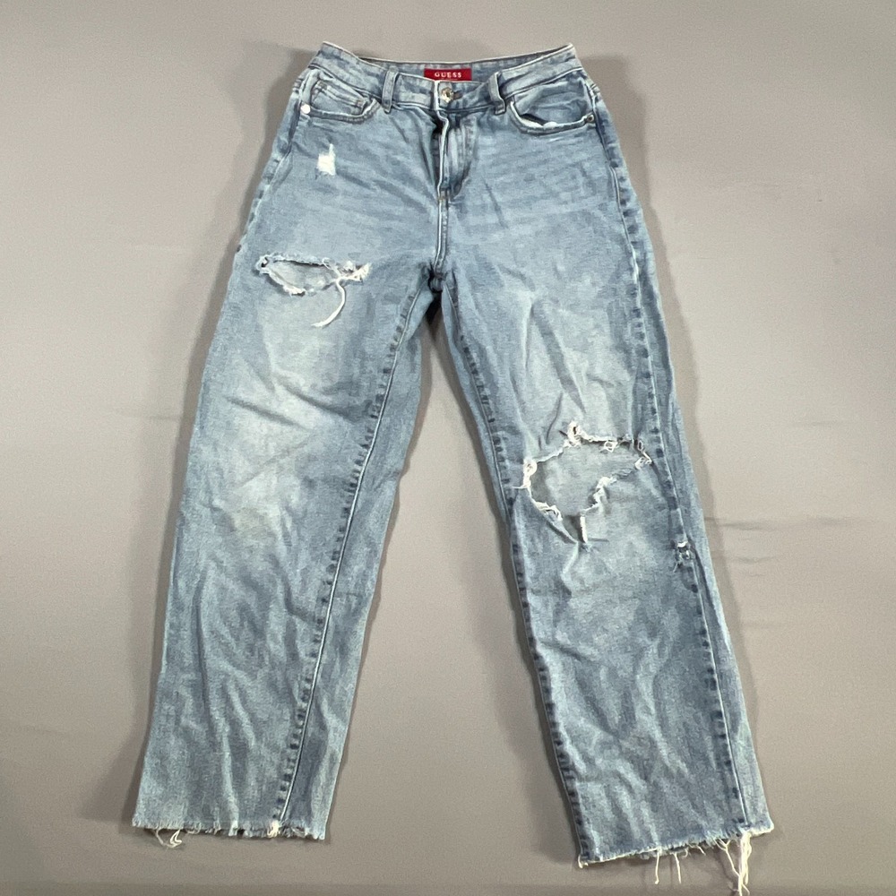 Guess Crop Straight Jeans Women 25 Blue Denim Cotton Mid Rise Distressed Raw Hem